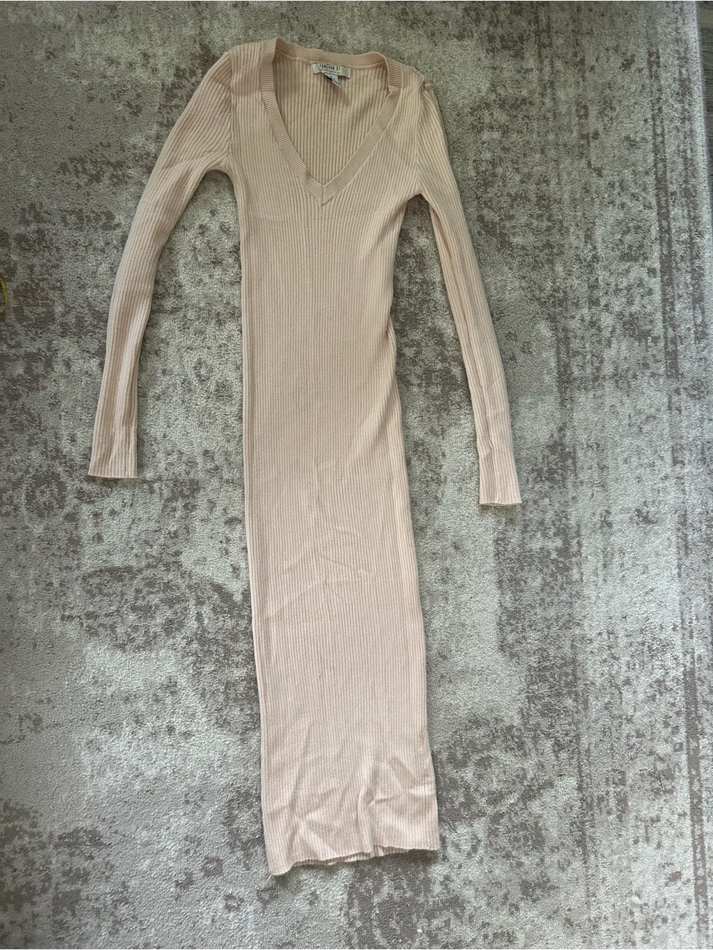 Slim Ribbed V-Neck Long Sleeve Dress in Light Blush